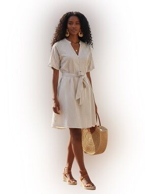 Cabana Life Shell Coast Striped Cotton Dress NWT Size Large V-Neck Belted Summer